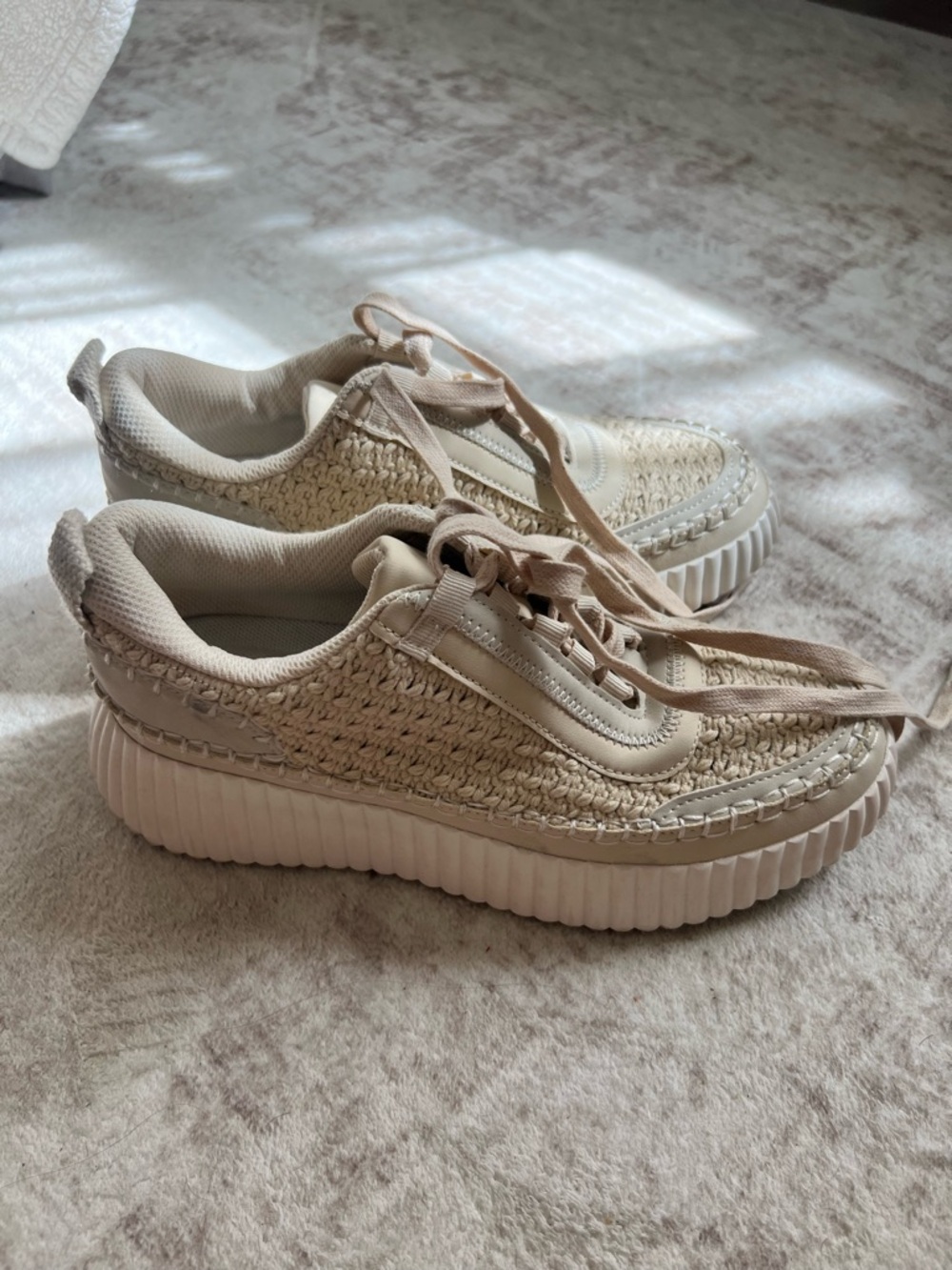 Woven Platform Sneakers in Beige - Women's Casual Lace-Up